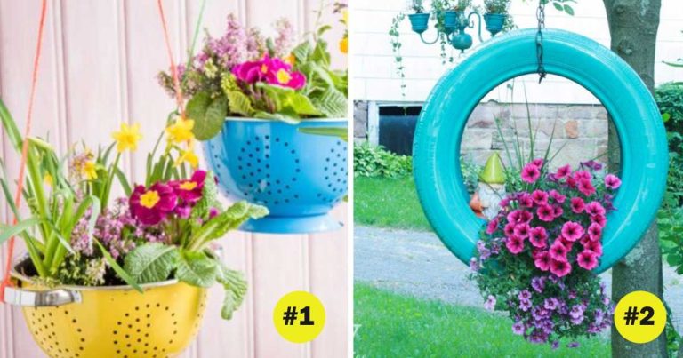 8 ideeën om je oude spullen te recyclen tot prachtige hangende bloembakken