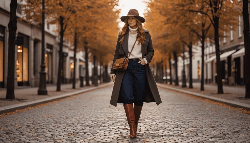 Dark Indigo Trouser-Cut Jeans + Cognac Knee-High Boots